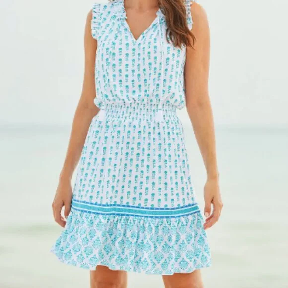 Cabana Life Smocked Waist Dress UPF 50 , White/Aqua Sz 3X a654952 - Picture 1 of 7